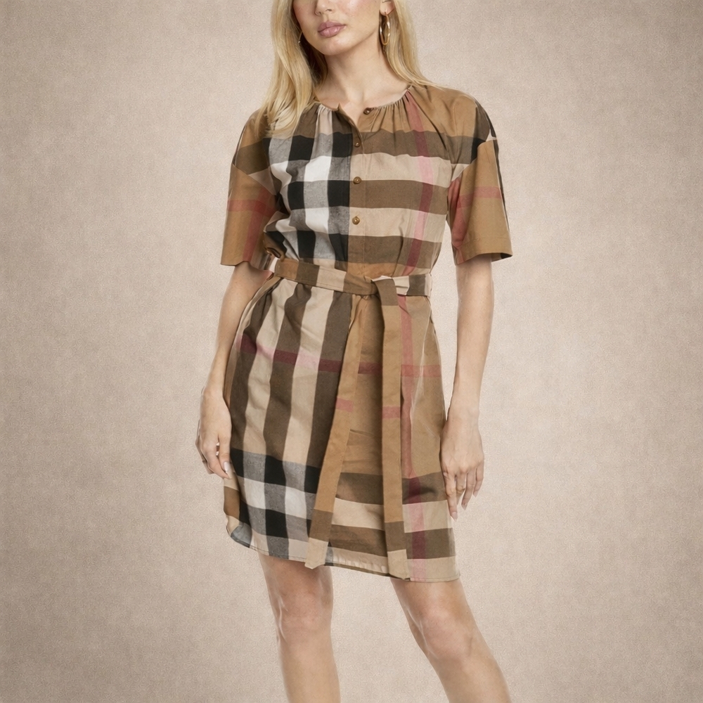 Burberry London England Check Cotton Shirt Dress Belted